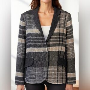 ZARA Gray Beige Plaid Linen Wool Blend Stretch Blazer Jacket